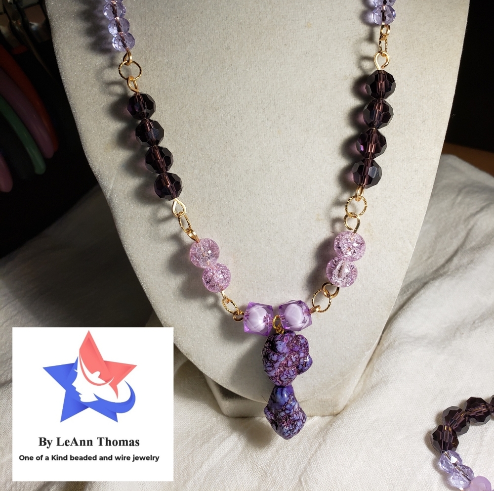 20.5 In Purple Lavender Necklace   Purple Rock Pendant adj 6-9 Bracelet Earrings